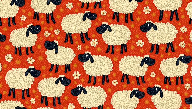 Cute seamless pattern with fluffy cartoon sheep and tiny flowers on a red background