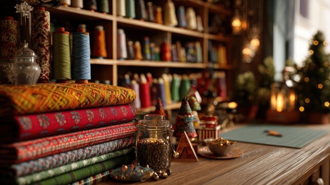 Festive sewing room with holiday fabric and handmade decorations,