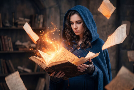 A mystical fantasy sorceress in a blue hood casting powerful magic spells from an ancient glowing book.