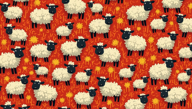 Whimsical Seamless Pattern Featuring Cute Fluffy Sheep on a Vibrant Orange Textured Background for Textile Design