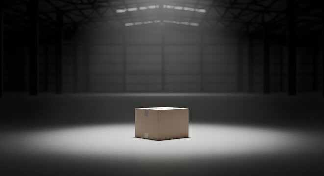 Single cardboard box sitting isolated under a dim spotlight in a vast empty dark warehouse interior, representing inventory shortage and delivery delay