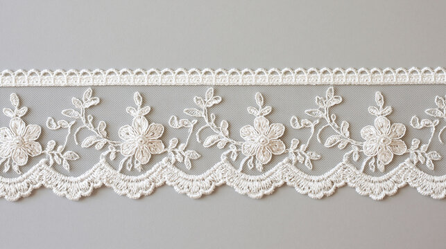 Delicate white scalloped lace border ribbon with intricate floral embroidery and leaf patterns on a neutral background, elegant sewing and craft trim