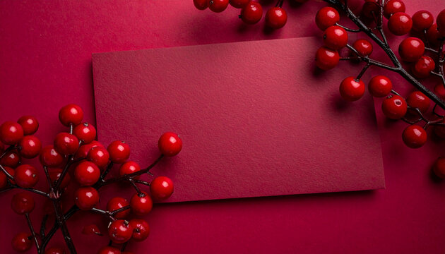 Blank red greeting card with festive berries on crimson background for holiday invitation. New Year concept made of Christmas red berries and paper card note. 