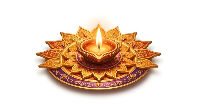 An ornate decorative diya lamp with a lit flame isolated on white background