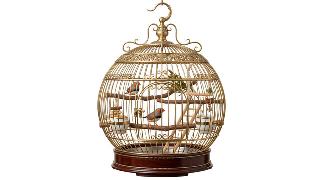 Vintage ornate birdcage with finches, antique gold wire bird cage for home decor, elegant Victorian style pet enclosure isolated PNG with Transparent Background