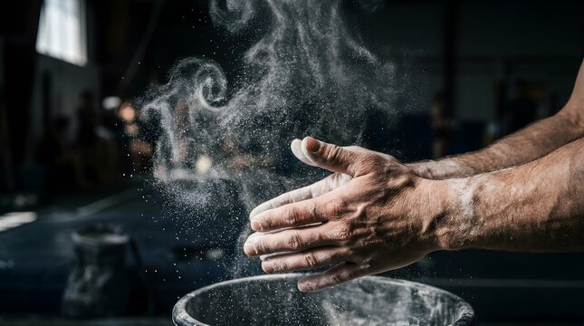 Gymnast clapping hands with magnesium chalk powder for grip in a professional gym studio perfect for national gymnastics day