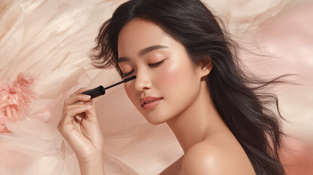 A young woman elegantly applies mascara with closed eyes. The soft pastel background highlights her flawless complexion and radiant beauty.