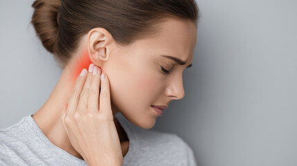 Fototapeta premium A woman experiencing jaw pain touches her face in discomfort. Highlighted in red, the TMJ area indicates possible temporomandibular joint syndrome or dental issues.