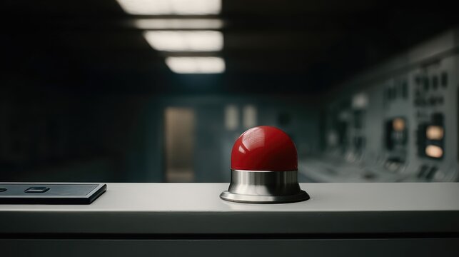 A bold red emergency button sits protected beneath a glass dome on a control panel. Dramatic spotlighting creates an intense atmosphere, symbolizing restricted action.