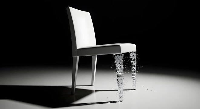 Futuristic white chair concept featuring liquid water splashing front legs set against a dark dramatic backdrop with soft studio spotlight