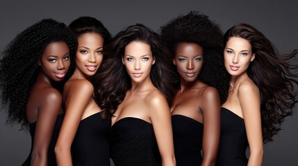 Fototapeta premium Five diverse women pose in a stunning group portrait with hair flowing gracefully in soft wind. Ultra-realistic textures and soft lighting capture beauty and motion.