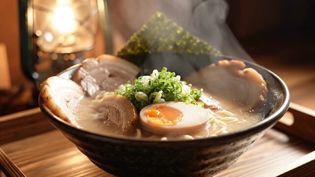 Japanese ramen noodle soup bowl with sliced pork and soft boiled egg traditional in a dark featuring chashu pork
