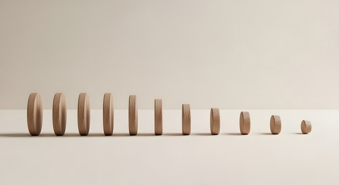 Minimalist studio background featuring wooden domino blocks lined up in decreasing height sequence under soft studio lighting for business growth concept