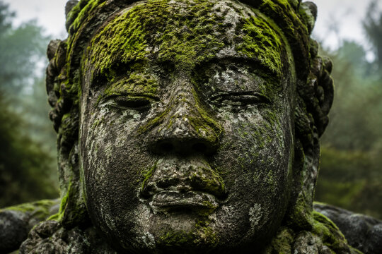 An ancient stone statue face covered in green moss, weathered surface.