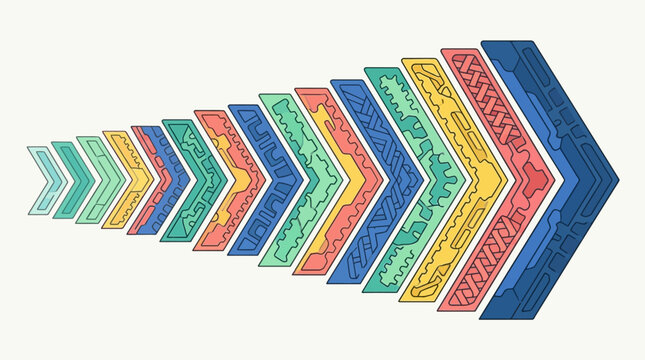 progress concept of colorful chevron arrows with geometric patterns illustrating forward direction growth and sequential steps.