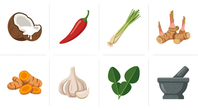 Aromatic Southeast Asian Spice and Herb Collection with Coconut, Chili, Garlic, Turmeric and Mortar