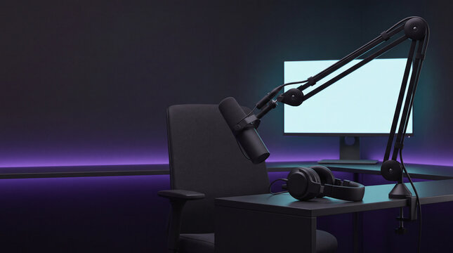 Studio microphone and headphones on desk in dark recording room with computer monitor