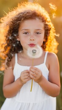 Enchanting portrait of a young girl with curly hair blowing a dandelion puff, bathed in golden sunset light. The floating blowball seeds create a dreamlike childhood atmosphere of innocence and magic