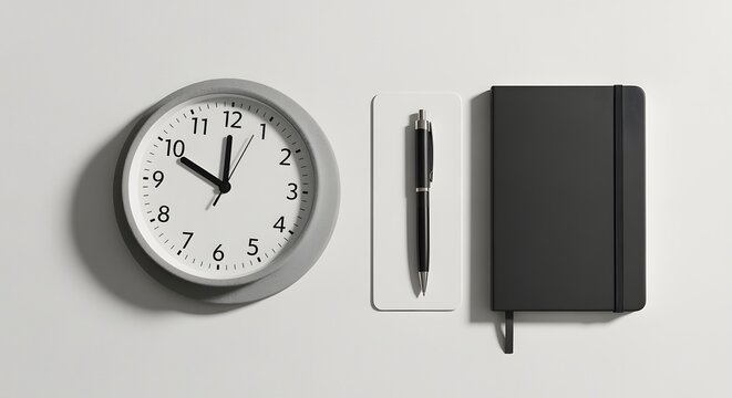 Minimalist top down flat lay of a modern round clock ballpoint pen and notebook for efficient time management business planning and organization concept