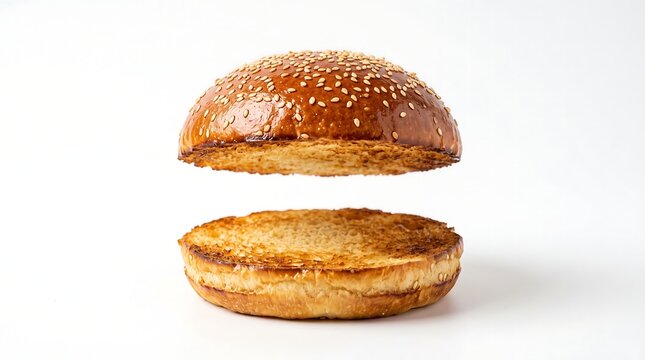 Freshly baked golden brown burger bun halves isolated on a white background