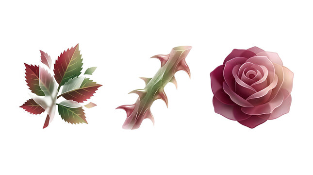 Set of realistic rose flower parts with blossom stem and leaves on transparent background