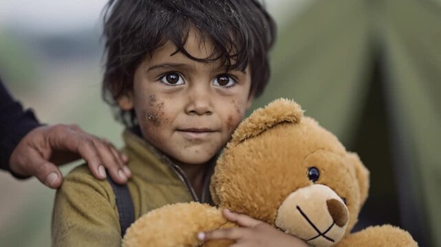 Little refugee kid portrait with smudge covered face, clutching a teddy bear for comfort. A supportive hand rests on the child shoulder against a backdrop of green tents. Resilience and hope concept
