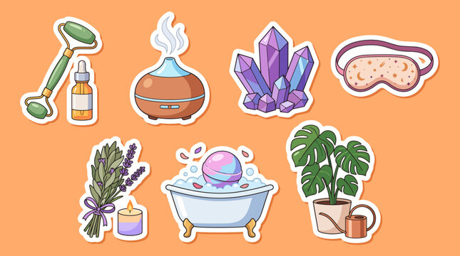 Wellness stickers collection featuring vector illustrations of skincare tools aromatherapy diffusers healing crystals sleep masks lavender bundles and relaxing bath accessories