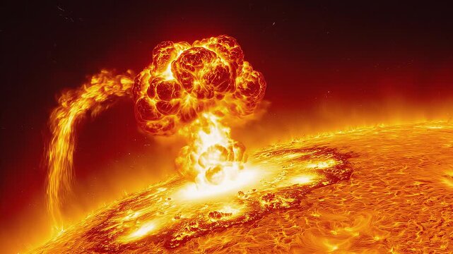 Spectacular  view of a massive solar prominence looping high above the Sun's turbulent, textured surface. The violent plasma arc glows with intense golden energy, erupting into the dark void of space