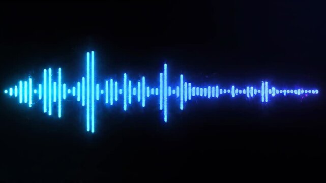 Abstract visualization of sound waves with a vibrant blue neon glow and digital data distortion.