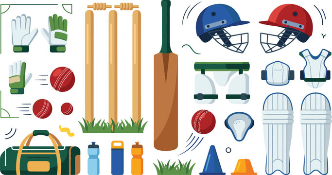 Cricket sports equipment vector elements set including bat balls wickets helmets gloves pads and training gear icons