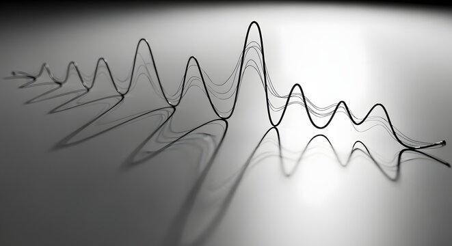Abstract metal wire sound wave sculpture casting smooth long shadows on gray surface for audio technology and music frequency concepts
