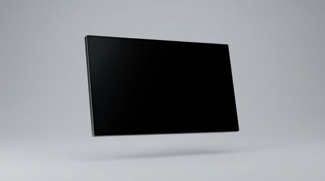 Floating blank black screen monitor or television display mockup on a minimalist light gray studio background, angled perspective view of modern electronic device