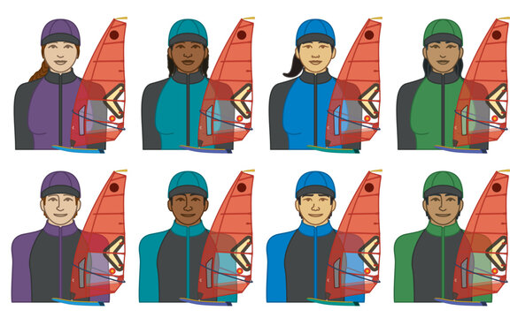 diversity, race, ethnicity of IQFoil surfboard windsurfer vector icons, male and female, wearing wet suit and cap, isolated on a white background