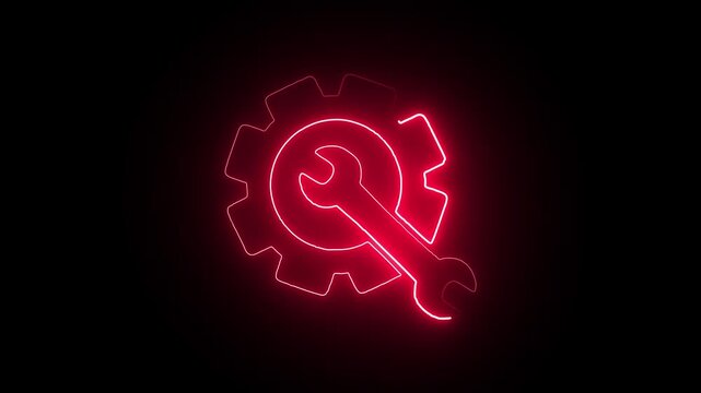 Red neon gear and wrench icon animation for technical support and maintenance services