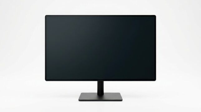 Sleek black computer monitor with blank screen on a solid white background, front view of desktop display mockup on rectangular stand for office work or digital design presentation