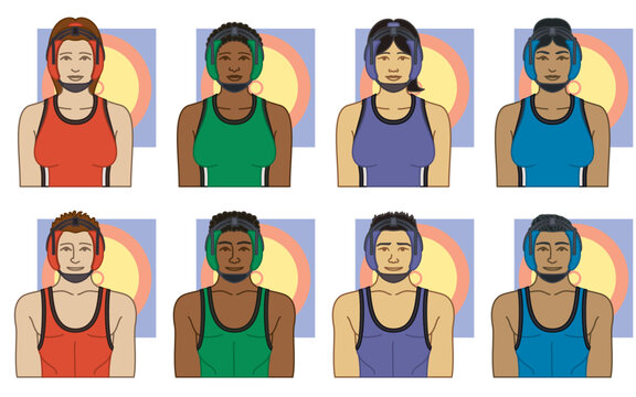 diversity, race, ethnicity of wrestler vector icons, male and female, wearing protective head wear, including wrestling mat, isolated on a white background