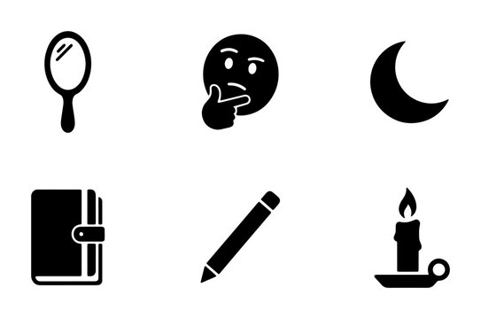 Vector Icons: Mirror, Thinking Face, Crescent Moon, Notebook, Pencil, Candle - Symbol Set for Reflection, Ideas, Night, Planning, Writing, and Ambiance