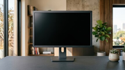 Fototapeta premium Blank computer monitor with a black screen mockup on a dark desk in a modern home office interior with a blurred background of books, indoor plants, and natural window light.
