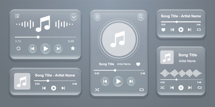 Music media player in liquid glass style set, glassmorphism interface control buttons, multimedia glass elements