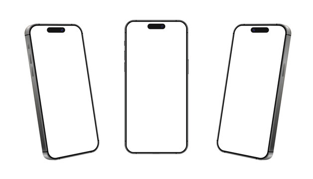 Smartphone frame mockup with blank screen, mobile phone devices in front and side view set, mobile phone layout template set