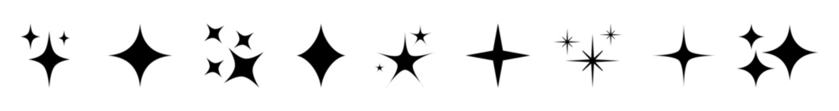 Various black sparkle shapes and shining star icons. Stars set icons, different sparkle star shapes icon collection, shine stars sparkles signs, bling decoration