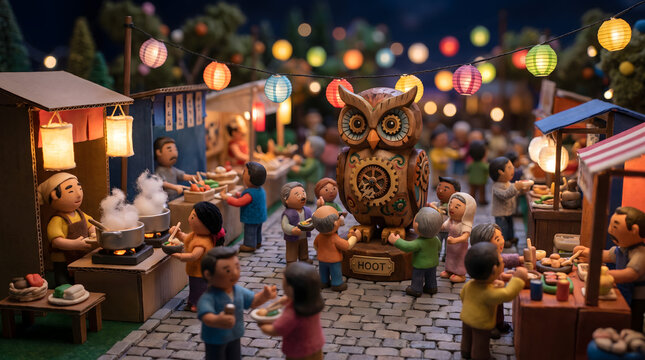 Miniature clay figures enjoying a festive night market around a large wooden owl clock statue.