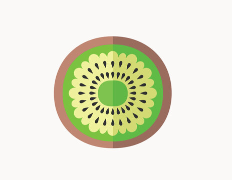 Closeup of a green kiwi fruit with white seeds on a plain background.