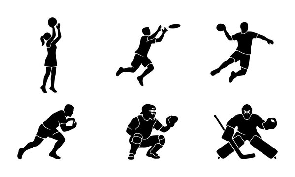 Sports Action Silhouettes: Basketball, Ultimate Frisbee, Handball, Baseball, and Ice Hockey Goalie Vector Icons, Dynamic Athlete Poses for Fitness and Game Concepts