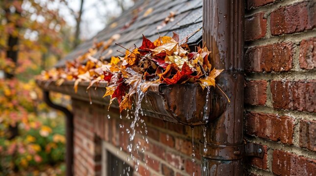 Clogged rain gutter filled with fallen autumn leaves and overflowing water beside a brick house, representing gutter maintenance, property damage prevention