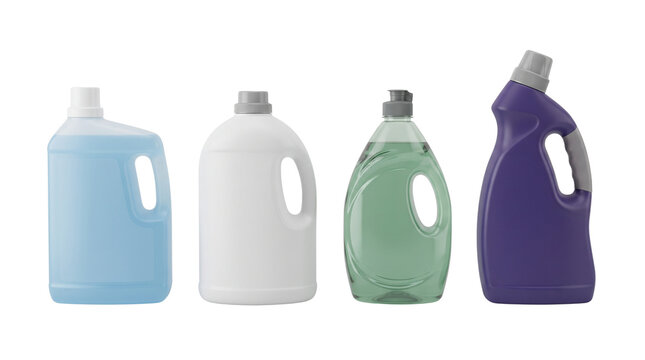 Plastic detergent bottles collection, laundry soap and cleaning liquid containers, household chemical product packaging set isolated PNG with Transparent Background