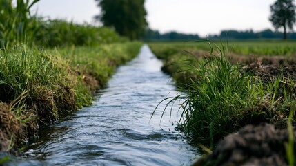 Fototapeta premium A narrow water channel flows through lush green farmland bordered by grassy banks and distant trees under a soft sky
