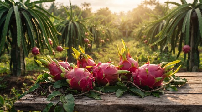 Freshly harvested ripe dragon fruits on a rustic wooden table in a sunlit tropical plantation field