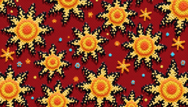 Vibrant abstract pattern featuring intricate sun and star motifs with beaded texture against a rich red background