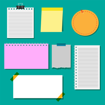 Paper note collection with notepad sticky note spiral binder and tape template set vector illustration.